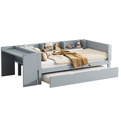 90*200cm, Flachbett, mit ausziehbarem Bett, mit Schreibtisch, drei Regale an der Seite des Bettes,grau