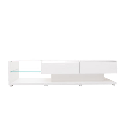 TV-Schränke, niedrige Paneele, hochglänzende weiße Glastrennwände und variable LED-Beleuchtung. Es verbindet natürlichen, rustikalen Stil mit modernem Design.