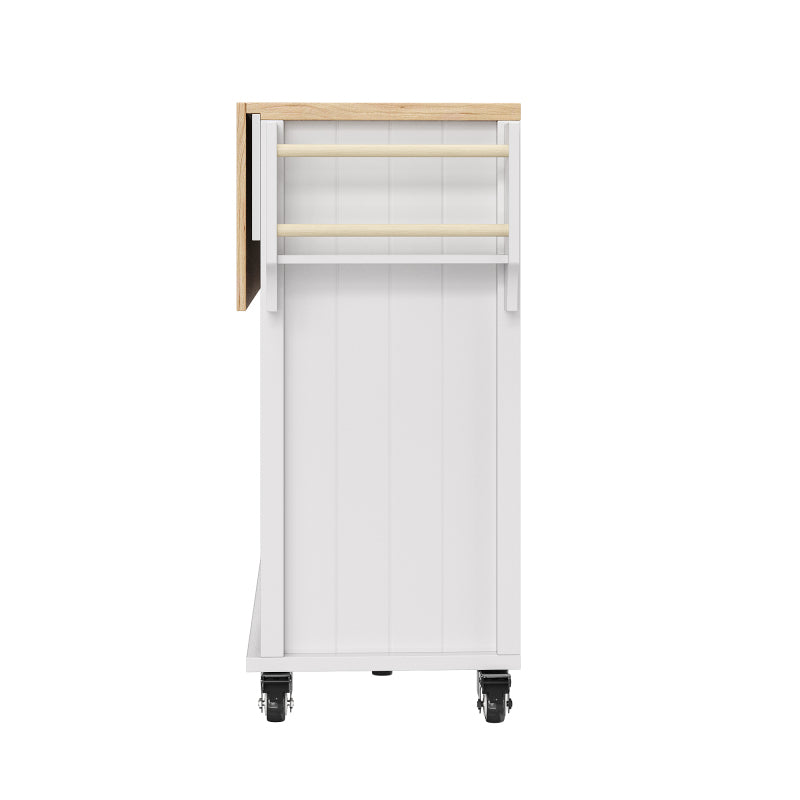 Kücheninsel mit herausnehmbaren Trennwänden, Esszimmerwagen mit Arbeitsplatte, Buffetschrank, Esszimmerwagen mit Holzmaserung, seitlicher Handtuchhalter, mit Weinregal, mit Rollen, weiß