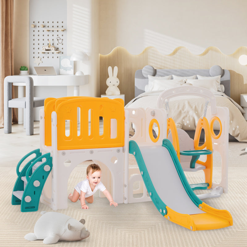 7-in-1-Rutsche für Kinder, bestehend aus Rutsche, Schaukel, Plattform, Unterschrank, Lochbohrspiel, Basketballkorb und Treppe - hochdichtes Polyethylen (Ozeanball nicht enthalten)