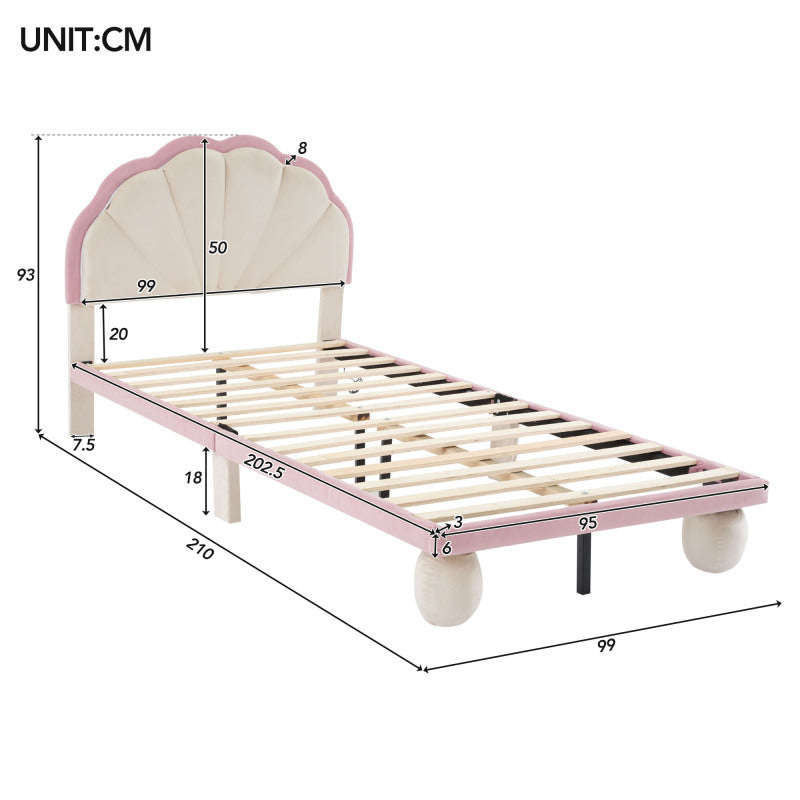 Polsterbett mit mehrfarbigen, wechselnden LED Lichtstreifen, Kopfteil mit Wellenschliff, mit gepolsterter runden Beine, Kinderbett mit Holzlatten, Einzelbett, Samt, Beige+Rosa, 90x200cm