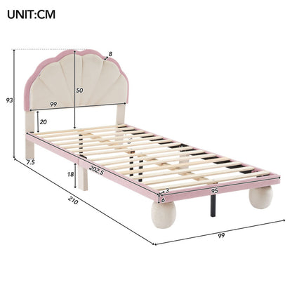 Polsterbett mit mehrfarbigen, wechselnden LED Lichtstreifen, Kopfteil mit Wellenschliff, mit gepolsterter runden Beine, Kinderbett mit Holzlatten, Einzelbett, Samt, Beige+Rosa, 90x200cm