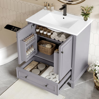 76x46x87cm Bodenstehender Badezimmerschrank mit Waschbeck, Waschtisch,Beine aus Massivholz, MDF-Material, feuchtigkeits- und wasserdicht, großer Stauraum, integriertes Keramikwaschbecken, Grau