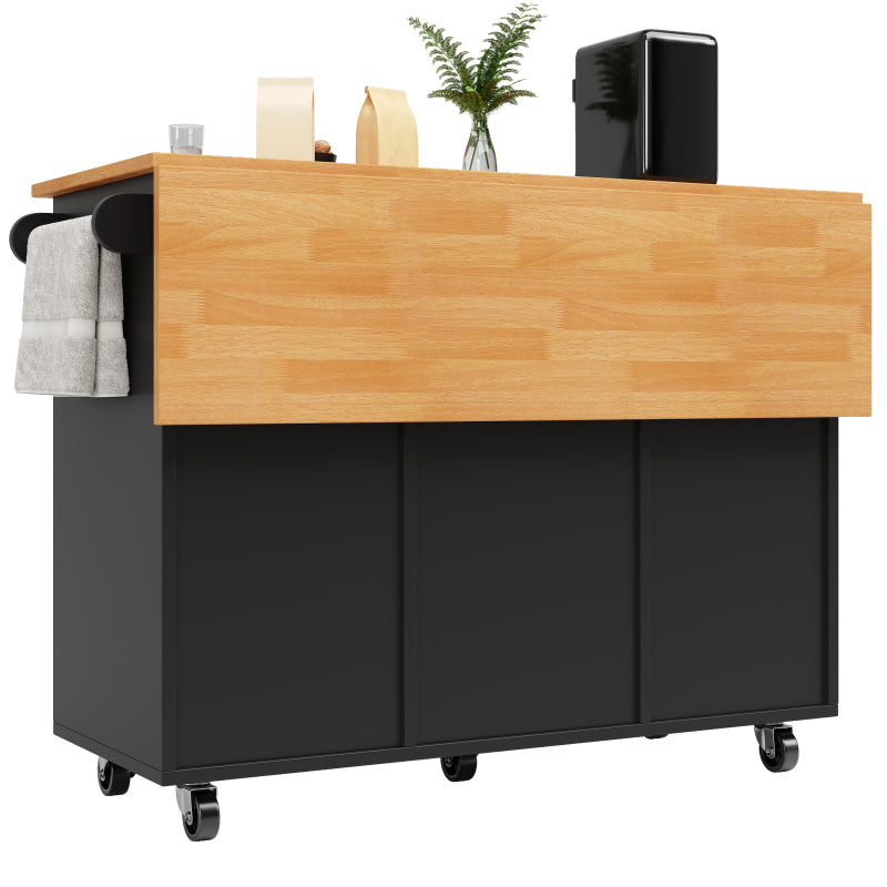 Moderne Kücheninsel, Küchenschrank, Ausziehbarer Küchenwagen mit Rollen und Arbeitsplatte, Servierwagen mit Gewürzregal und 8 Schubladen, Schwarz