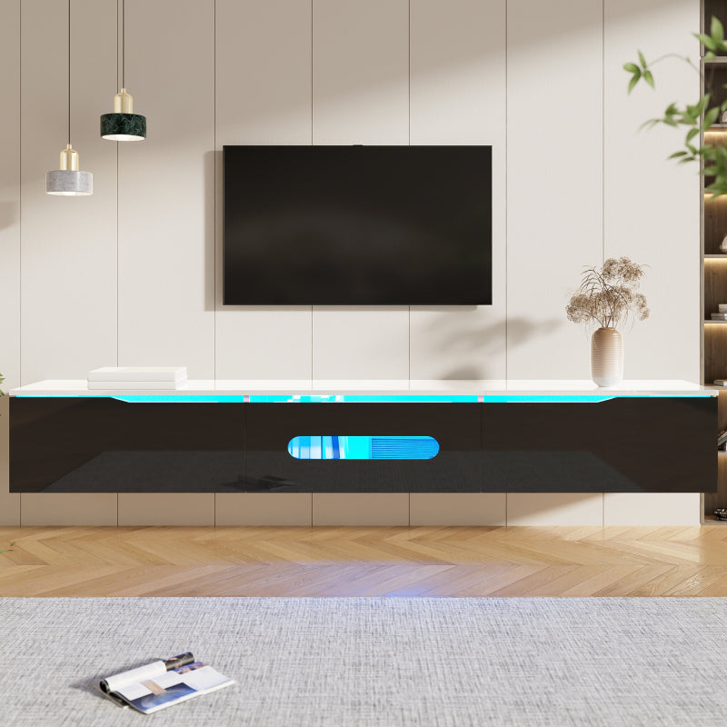 Schwarz-weißer TV-Schrank, 180 cm lang, Hochglanzoberfläche, mit 16-farbiger LED-Beleuchtung, wandmontierbar