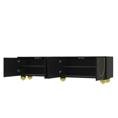 TV-Schrank, lowboard mit strukturierten Türen, goldenen Verzierungen, goldenen runden Beinen, inklusive Einlegeböden, push-to-open