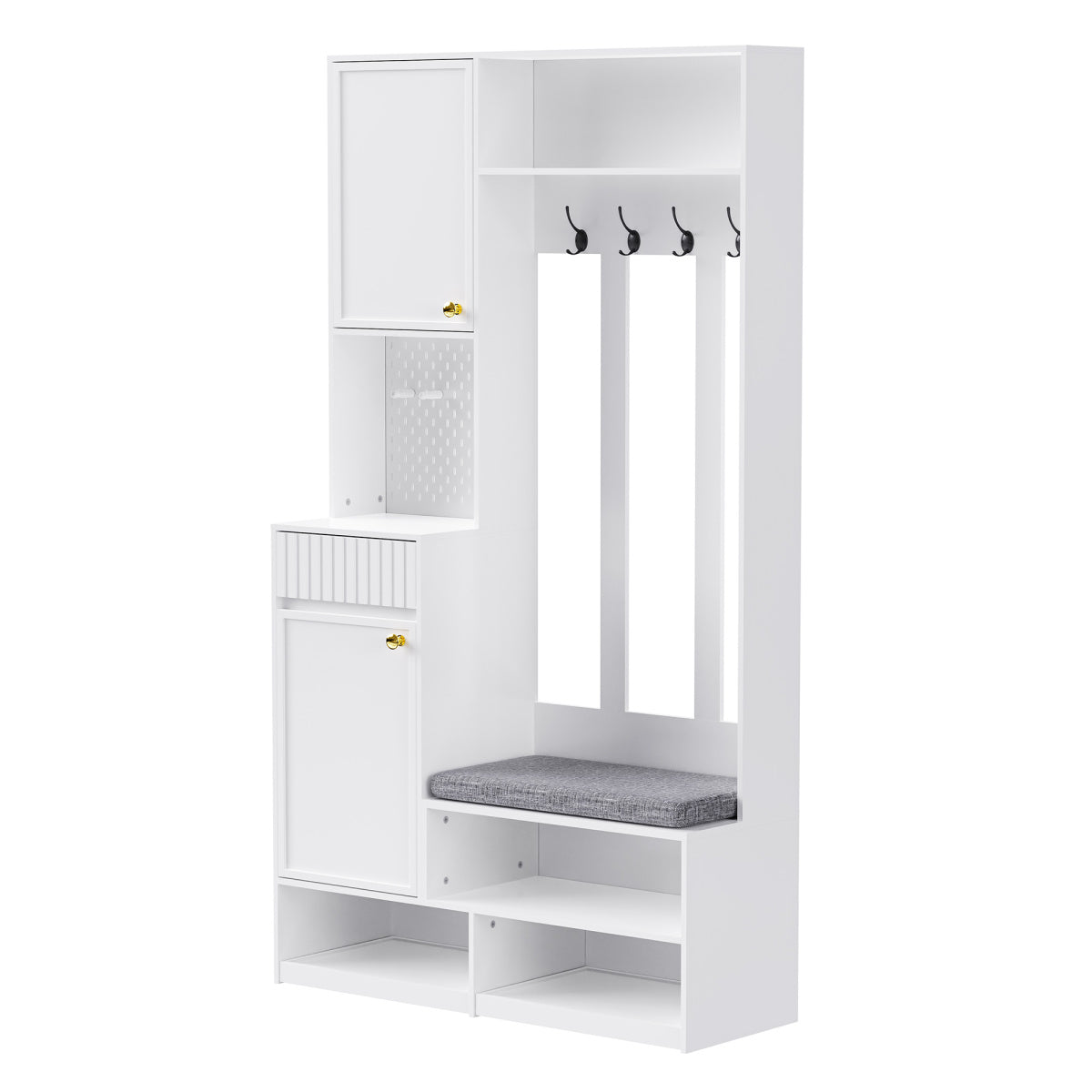 Garderoben-Set mit Sitzbank, Schubladen & Lochwand, Flurgarderobe 6-in-1, MDF, Weiß, 100x180x35 cm