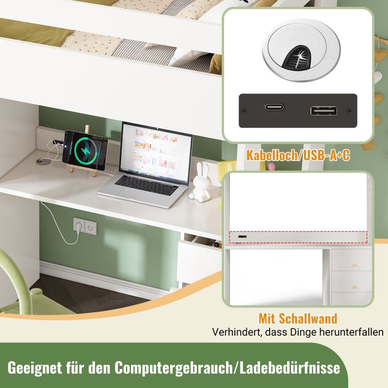 Kinderbett Hochbett mit USB-C Schreibtisch, Kleiderschrank und Aktenschrank, Jugendbett  Einzelbett mit Treppe und Lattenrost, Stauraum,90×200, Ohne Matratze