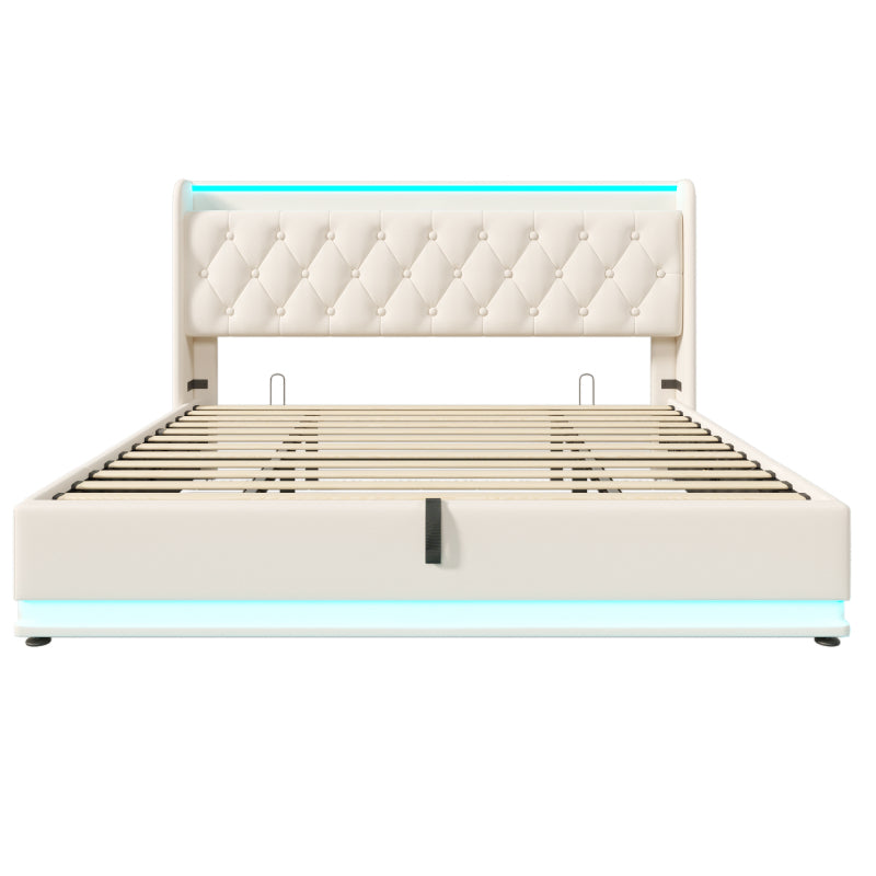 Polsterbett Doppelbett, 360-Surround-LED-Funktion, Drucktaste/App/Fernbedienung, 180*200 cm, weiß PU-Material Hydraulisches Lagerbett, gepolstertes Kopfteil mit USB Typ-C Ladefunktion (Ohne Matratze)