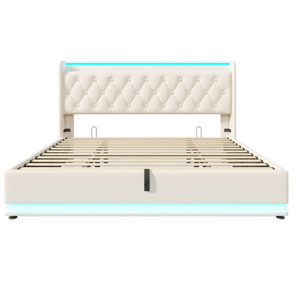 Polsterbett Doppelbett, 360-Surround-LED-Funktion, Drucktaste/App/Fernbedienung, 180*200 cm, weiß PU-Material Hydraulisches Lagerbett, gepolstertes Kopfteil mit USB Typ-C Ladefunktion (Ohne Matratze)