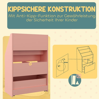 Kinder Bücherregal Kinderregal mit Schublade, 3 Ablagefächern und 2 offenen Fächern, Aufbewahrungsregal für Kinderzimmer, Spielzimmer, Rosa