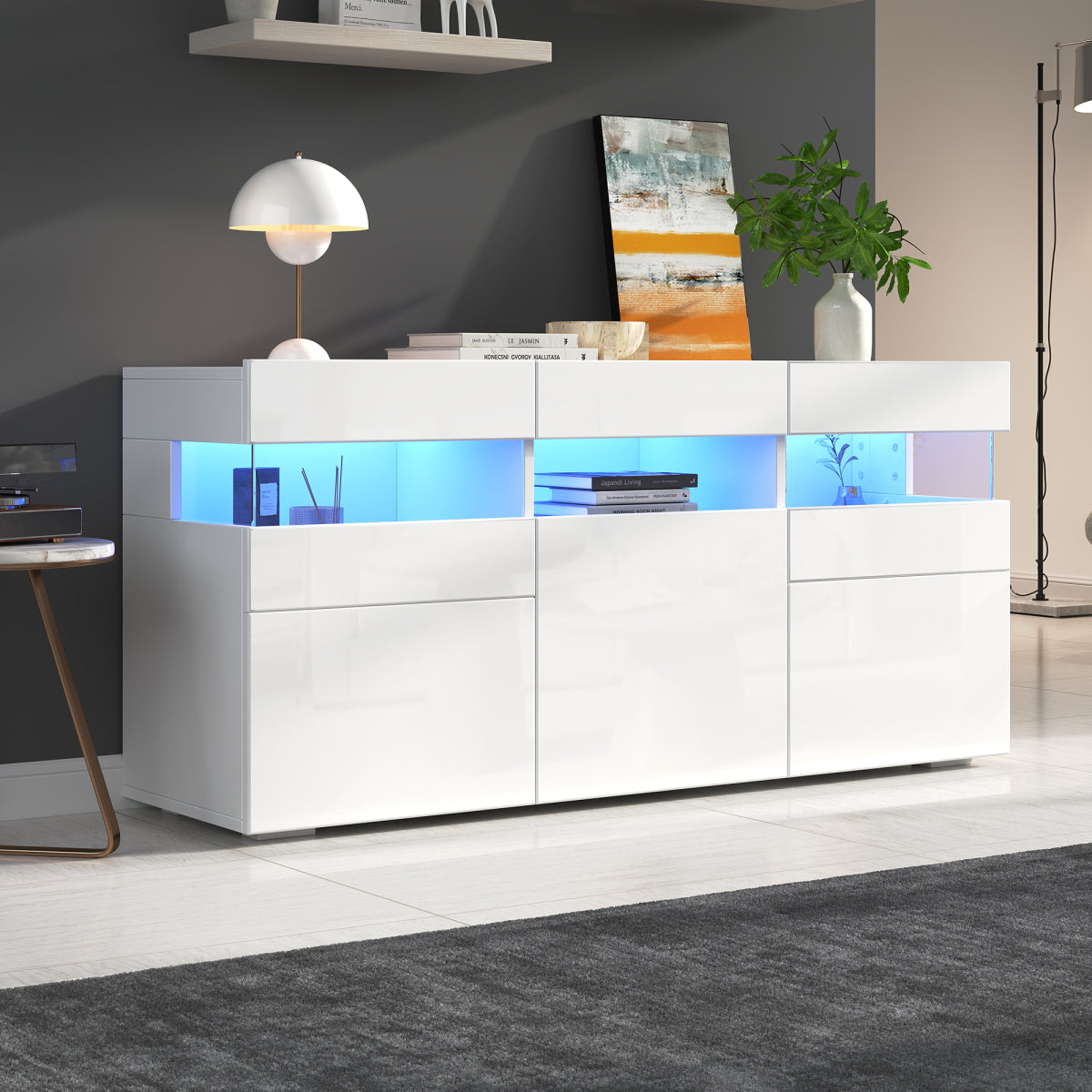 Sideboard 140 cm, Hochglanz Weiß, LED-Beleuchtung (App-Steuerung), 3 Türen