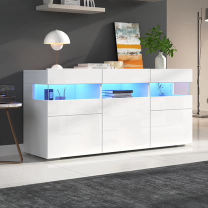 Sideboard 140 cm, Hochglanz Weiß, LED-Beleuchtung (App-Steuerung), 3 Türen