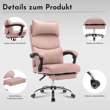 Chefsessel Pink PU-Leder, Ergonomisch, Höhenverstellbar, Doppel-Lordosenstütze