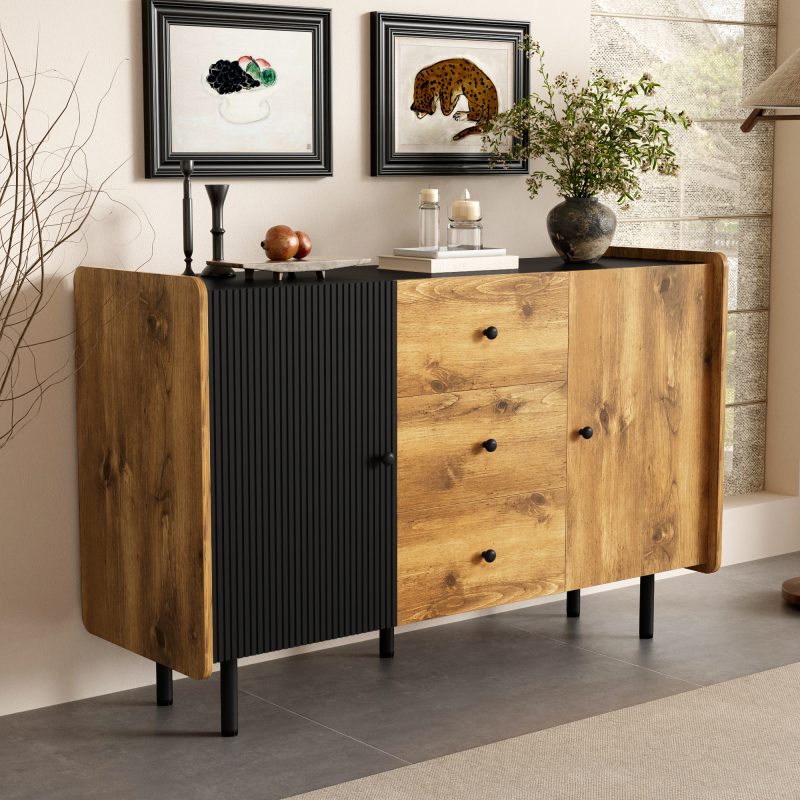 120 cm Schwarzer und Holzfarbener Sideboard - Moderner Stil, Zwei Türen und Drei Schubladen