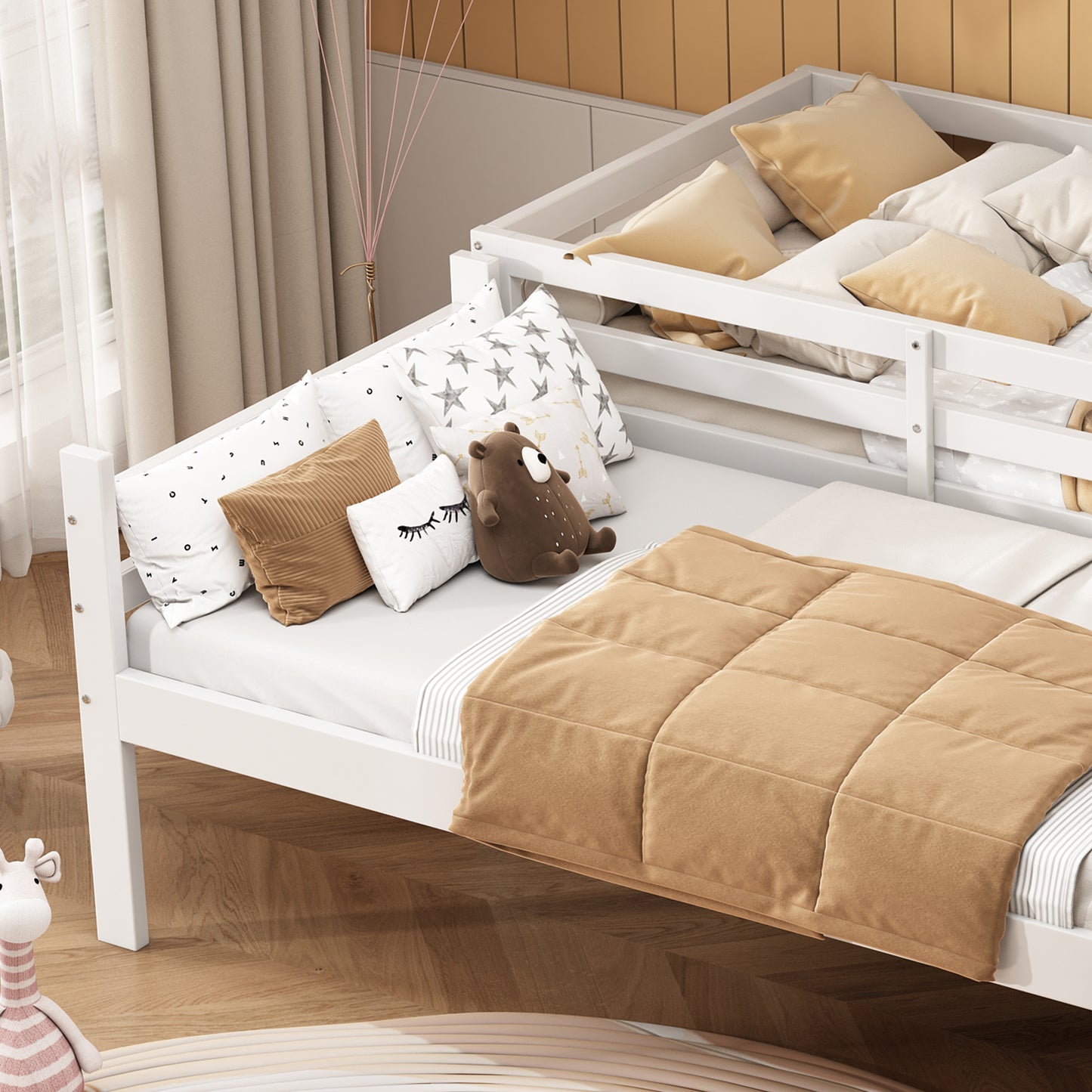 Etagenbett für Kinder, Kinderbett mit dreistufiger Winkelleiter und Absturzsicherung, Bett aufgeteilt in 2 Einzelbetten, Jugendbett, Einzelbett, Rahmen aus Kiefer, Weiß, 90x200cm