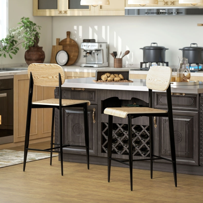 Barhocker 2er Set, Barstuhl mit Fußstütze, Metallgestell, Industrie-Design Naturholz+Schwarz