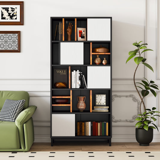 Bücherregal mit 5 Fachböden, Höhe 165 cm, Breite 80 cm, mit Fachböden, Farben schwarz, weiß und braun