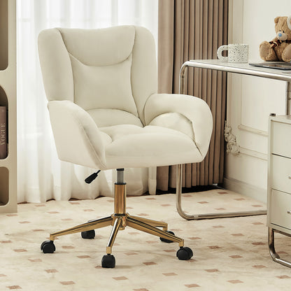 Full KD Velvet Stoffmaterial Höhenverstellbarer Drehstuhl für das Home-Office im Innenbereich mit goldenen Beinen, Elfenbein