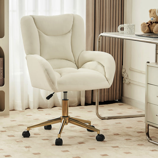 Full KD Velvet Stoffmaterial Höhenverstellbarer Drehstuhl für das Home-Office im Innenbereich mit goldenen Beinen, Elfenbein