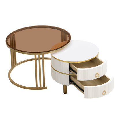 2-in-1 runder Couchtisch aus MDF, Beistelltisch mit 1 weißen Platte und 1 braunen Platte aus gehärtetem Glas, Couchtischkombination mit 2 Schubladen für das Wohnzimmer, 70*70*45 + 50*50*40 cm
