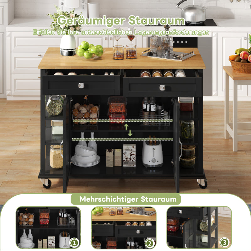 Multifunktionaler Küchenwagen mit klappbarer Arbeitsplatte, 120×65 cm erweiterbar, 2 Schubladen, geräumige Aufbewahrung, auf Rollen – Stilvoller Servierwagen für Küche, Esszimmer & Wohnzimmer