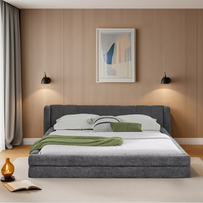 Doppelbett 160×200cm, Chenillestoff, komfortable Rückenlehne, robustes Eukalyptus- und Eisengestell, einfach zu montieren, Dark Gray (ohne Matratze)