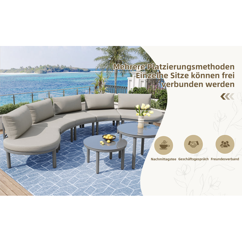 Gartenmöbel-Set (10 Sitzplätze), 4 Couchtische aus gehärtetem Glas, verzinkter Eisenrahmen, bequeme Gartenmöbel mit grauen Sitzpolstern und Kissen, verstellbare Beine, elegantes rundes Sofa