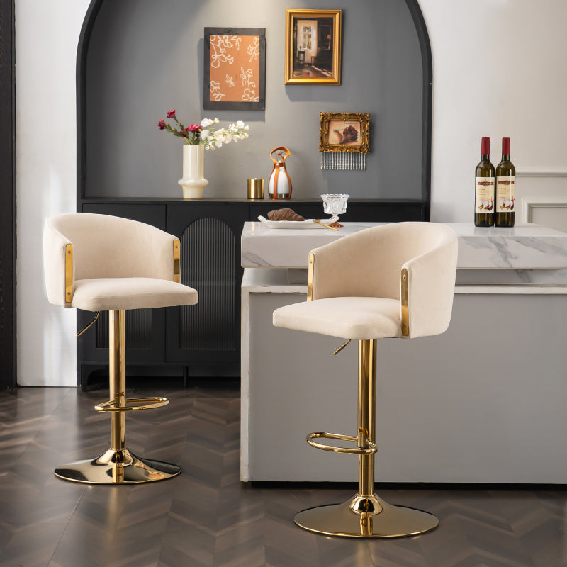 Moderner drehbarer höhenverstellbarer Barhocker, moderner Barhocker für Küche, Bar und Restaurant Theken, Hubhocker mit Rückenlehne und goldener Fußstütze (brown.Set of 2)
