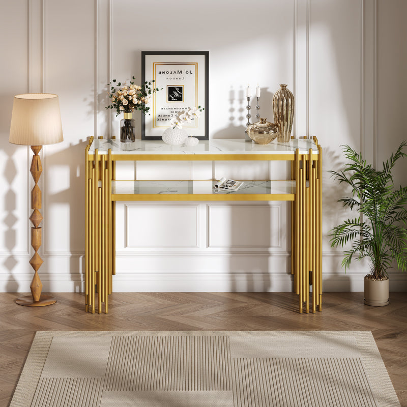 Mid-Century Modern Wohnzimmer Beistelltisch, Konsolentisch, weißer Korpus mit goldenen Beinen, doppellagiges MDF, belastbar bis 40 kg