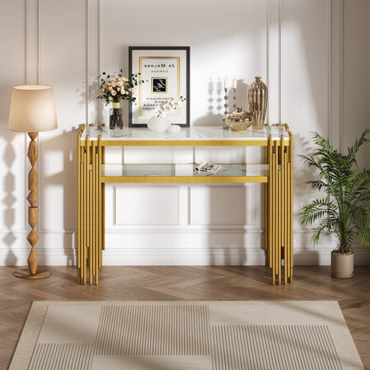 Mid-Century Modern Wohnzimmer Beistelltisch, Konsolentisch, weißer Korpus mit goldenen Beinen, doppellagiges MDF, belastbar bis 40 kg