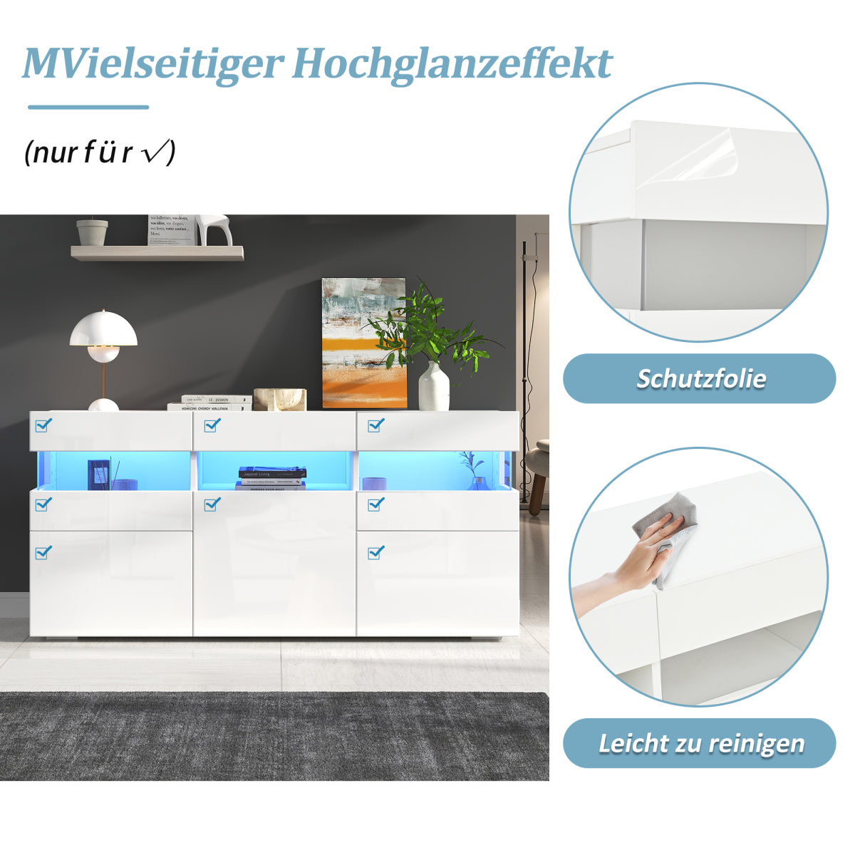Sideboard 140 cm, Hochglanz Weiß, LED-Beleuchtung (App-Steuerung), 3 Türen