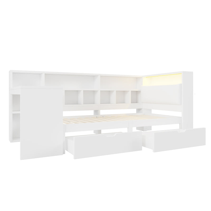 90x200 L-förmiges Holz-Plattformbett mit Schreibtisch und Bücherregal, Eck-Kapitänsbett mit gepolstertem Kopfteil, Schubladen unter dem Bett, LED-Licht - Weiß