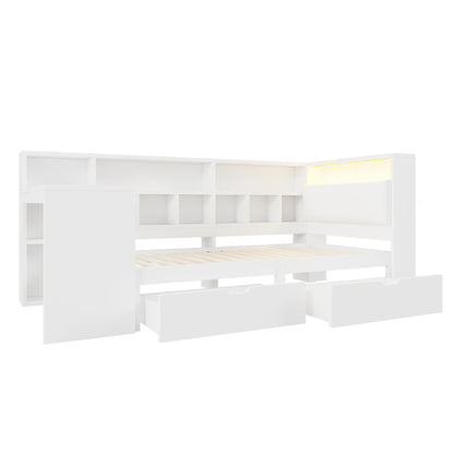 90x200 L-förmiges Holz-Plattformbett mit Schreibtisch und Bücherregal, Eck-Kapitänsbett mit gepolstertem Kopfteil, Schubladen unter dem Bett, LED-Licht - Weiß