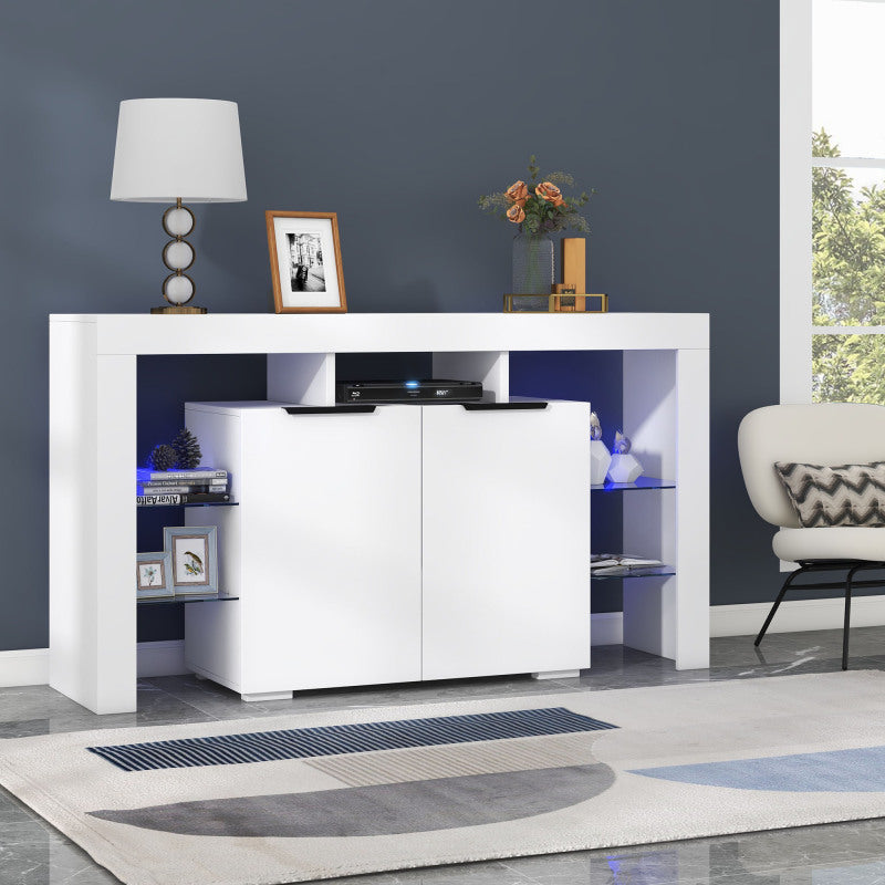 Hochglanz-LED-Sideboard, Küchenschrank, Schrank, Buffet-Aufbewahrung, Servertisch mit LED-Leuchten, Hochglanz-Buffetschrank mit 4 Glasböden und 2 Tür, Vitrine für Wohnzimmer, Eingangsbereich