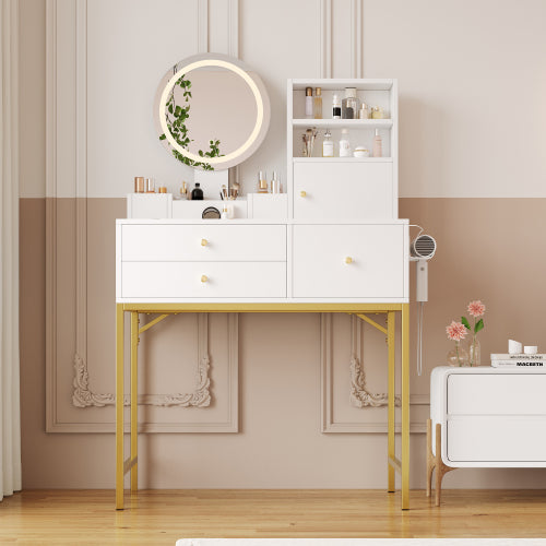 Schminktisch Weiß 80 cm, Frisiertisch mit LED Spiegel, Integrierte Steckdose mit USB & Föhnhalter
