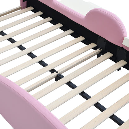Polsterbett, Crown Cartoon Bett, Mit Multi-Mode-LED-Streifen, Kinderbett mit kleiner Rutsche und Treppe, mit schützenden weichen Kanten, mit Holzlatten, PU, Rosa + Beige, 90x200cm