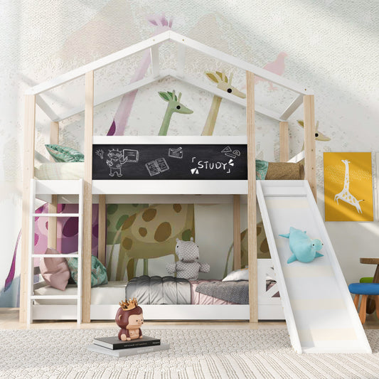 Kinderbett Baumhaus mit Rutsche & Leiter 90 x 200 cm, Hochbett für Kinder– 2x Lattenrost- Natur & Weiß