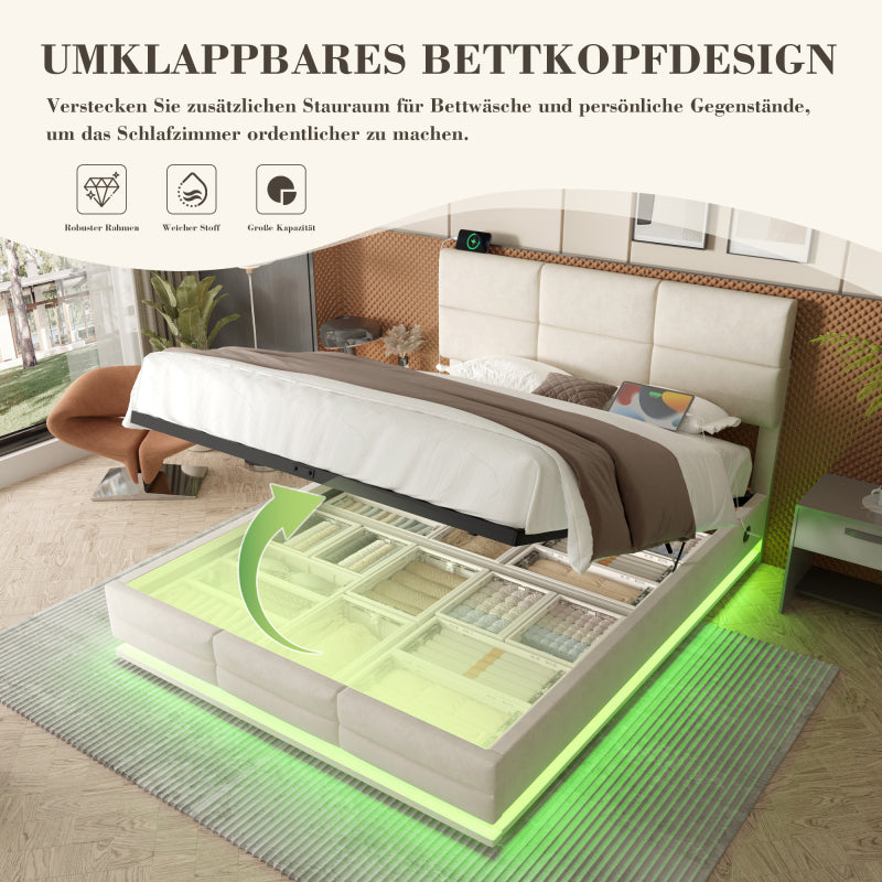 140x200 cm Modernes Velours-Polsterbett mit höhenverstellbarem Kopfteil - Inkl. USB/Type-C-Anschlüssen, LED-Ambientebeleuchtung, hydraulischem Lift-System & XXL-Stauraum (ohne Matratze) - Beige