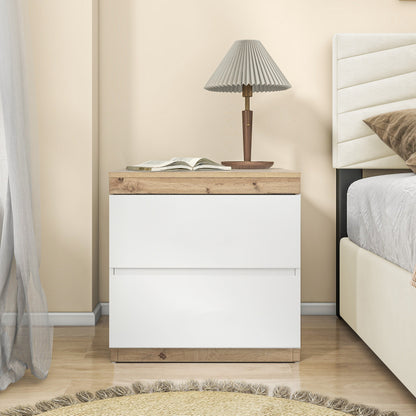 Nachttisch, Nachtschrank mit zwei Schubladen, Nachtkommode, Funktion von Aufbewahrung, für Schlafzimmer, E1-Spanplatte, weiß+oak