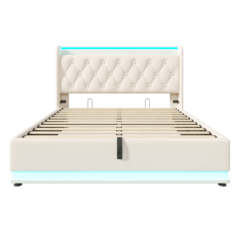 Polsterbett Doppelbett, 360-Surround-LED-Funktion, Drucktaste/App/Fernbedienung, 160*200 cm, weiß PU-Material Hydraulisches Lagerbett, gepolstertes Kopfteil mit USB Typ-C Ladefunktion (Mit Matratze)