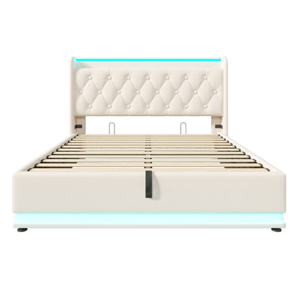 Polsterbett Doppelbett, 360-Surround-LED-Funktion, Drucktaste/App/Fernbedienung, 160*200 cm, weiß PU-Material Hydraulisches Lagerbett, gepolstertes Kopfteil mit USB Typ-C Ladefunktion (Mit Matratze)