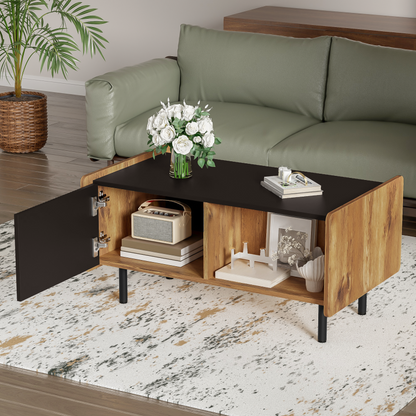 90 cm Schwarze und Holzfarbene Couchtisch – Moderner Stil, Zwei Offene Fächer und Zwei Türen, Dämpfende Scharniere