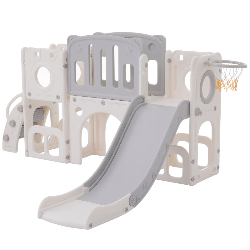 Bären Kinder 6-in-1 Rutsche mit einer Rutsche, zwei Plattformen, zwei Bodenschrankfächern, Basketballkorb und Treppe - Hochdichtes Polyethylen (Ozeanbälle nicht enthalten
