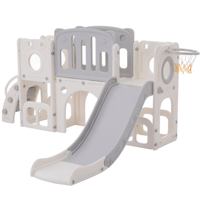 Bären Kinder 6-in-1 Rutsche mit einer Rutsche, zwei Plattformen, zwei Bodenschrankfächern, Basketballkorb und Treppe - Hochdichtes Polyethylen (Ozeanbälle nicht enthalten