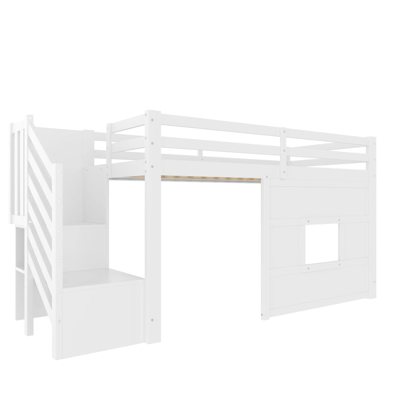 90x200 Hochbett mit Stauraumtreppe und Fenster, Weiß