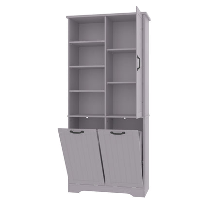 78 x 35 x 172 cm Badezimmerschrank, feuchtigkeitsbeständige Farbe, doppelter Wäschekorb, vier offene Fächer, eine Tür, drei Fächer in der Tür, verstellbare Regale, viel Stauraum, Grau