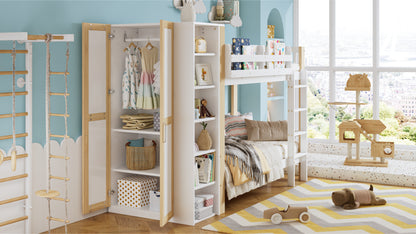 Etagenbett, Kinderbett mit Fallschutz und Gitter, mit 4-stufiger Leiter, 6 offenen Regalen, Kleiderschrank seitlich, Reichlich Stauraum,  Kiefer+PB, Weiß+Natur,  90x200cm