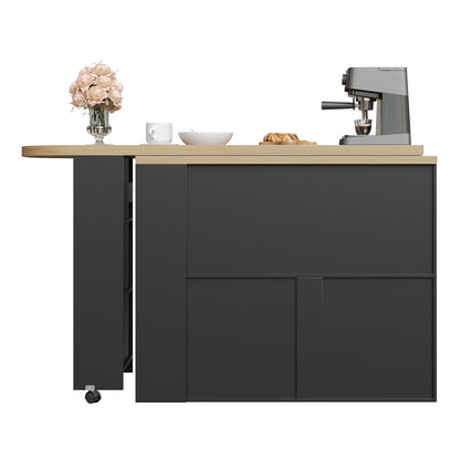 Ausziehbarer Bartisch 135-205cm mit LED & USB, Mobiler Hochtisch Schwarz, Teleskop-Kücheninsel mit Stauraum & Soft-Close, Modernes Bogendesign