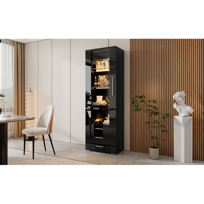 Schwarz Hochglanz Vitrine, Vitrine Glasvitrine , Standvitrine mit LED-Beleuchtung, Vertikale Vitrine mit 3 Schubladen, 60*35*180cm